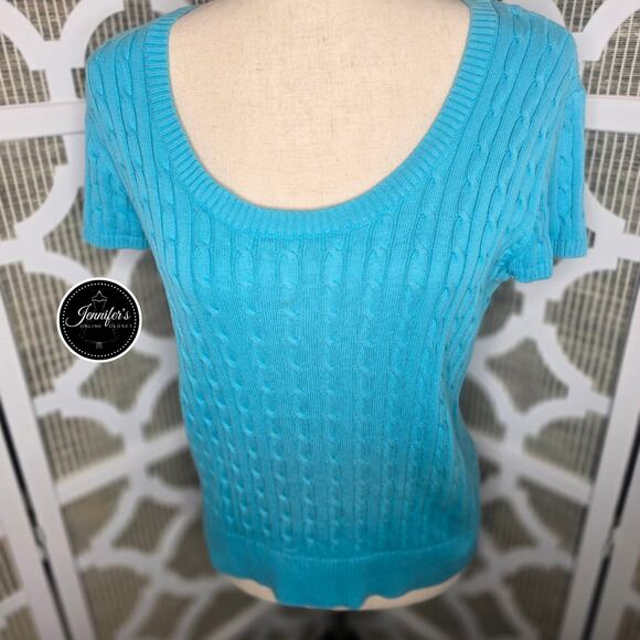 Jeanne Pierre Petite Teal/Turquoise Cable Knit Scoop Neck Cap Sleeve Sweater PL - Picture 4 of 8